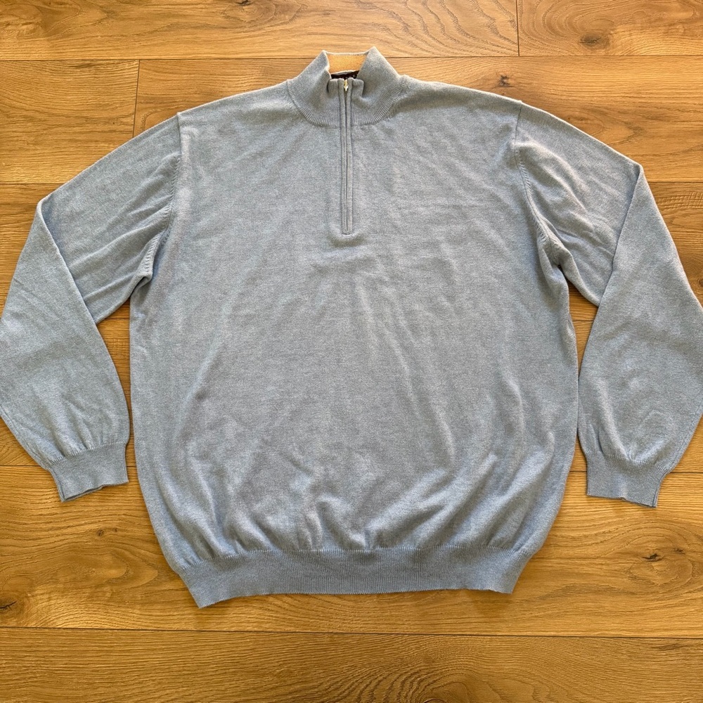 J. Hilburn Men’s Cashmere Blend Quarter Zip Sweater XL Blue Cotton Silk Flaws‎